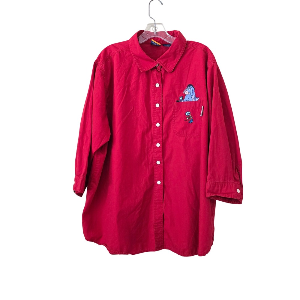 Disney Pooh Woman Red Eeyore Embroidered Button Down Shirt 22W 24W Cotton